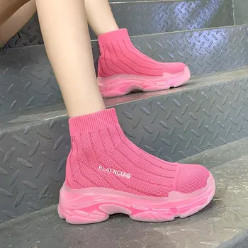 Çorap Ayakkabı Yüksek top Eski Ayakkabı Kadın Yeni Kalın tabanlı Streç Nefes Örme Spor kısa Çizmeler spor ayakkabı rahat ayakkabılar