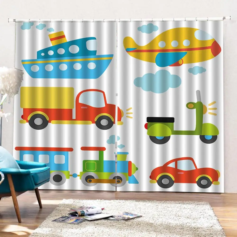 Özel 3D perde ürünleri Karikatür Renkli oyuncak uçak arabalar terylen Pencere Perdeleri çocuk odası Dekor İçin