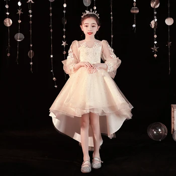 Şampanya Kızlar Yüksek Düşük Gelinlik Modelleri Zarif O-Boyun Aplikler Kısa Ön Uzun Arka Kabarık Tül Çiçek Kız Elbise