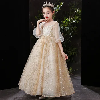 Şampanya Parlak Glitter Uzun Abiye Çocuklar İçin Düğün Çiçek Kız Elbise Çocuk Özel Durum Törenlerinde